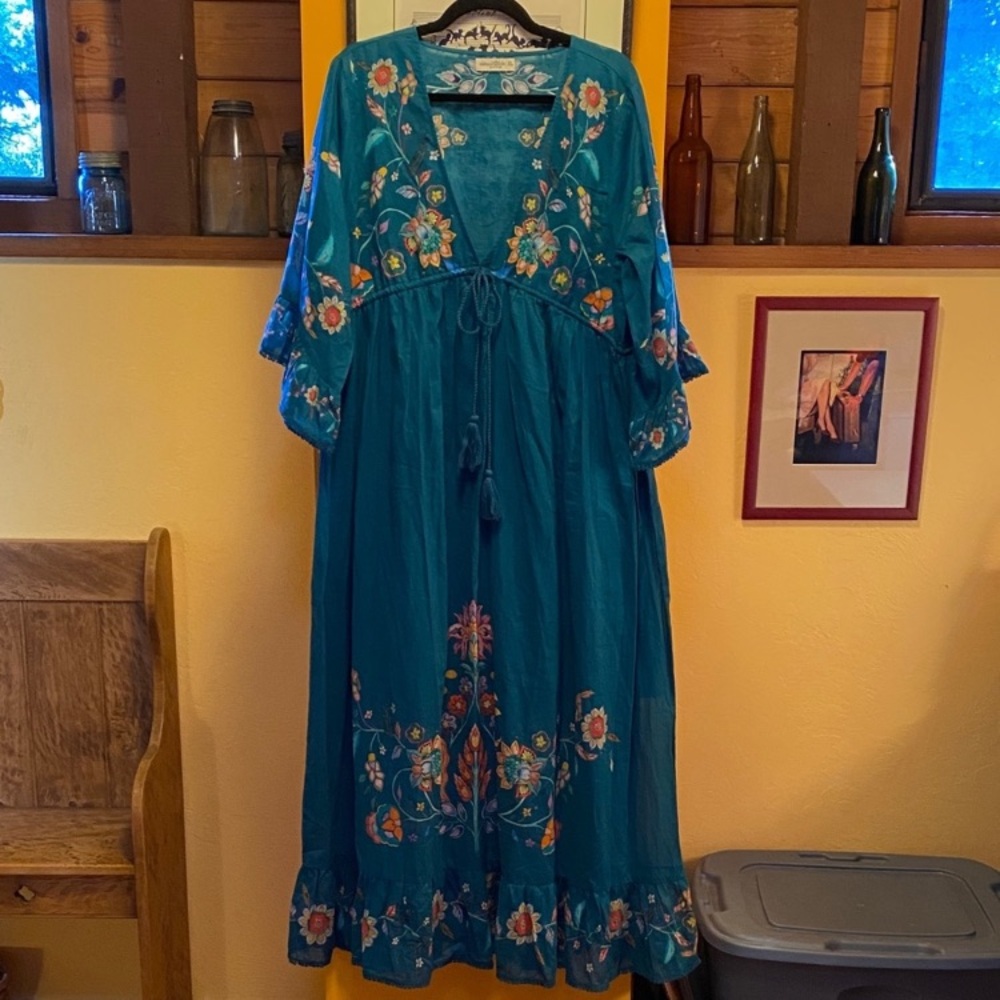 NATURAL LIFE Teal Floral Embroidered Maxi Dress